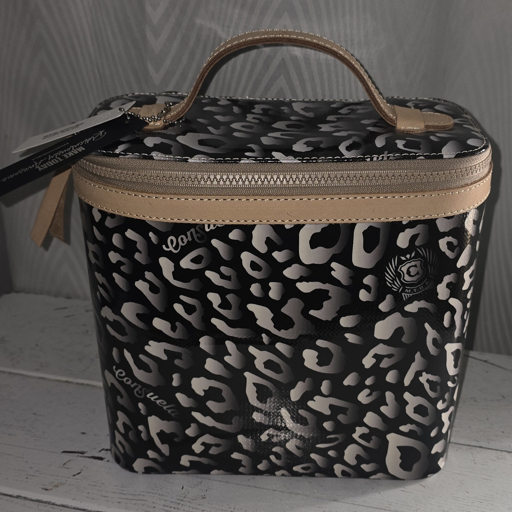 Leopard Print Cosmetic Case with Tan Trim